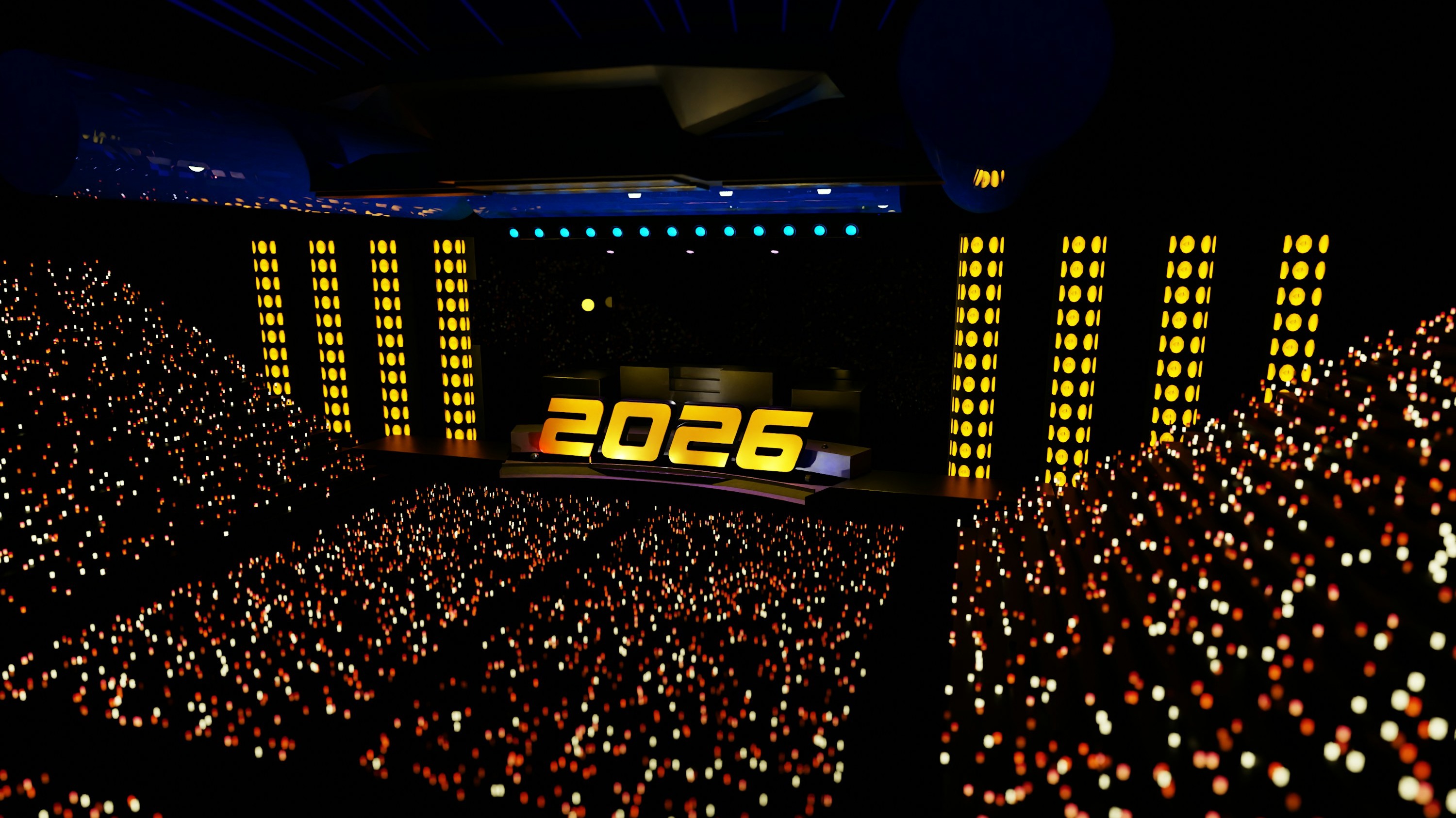 Packed stadium concert with vibrant lighting and cheering crowd